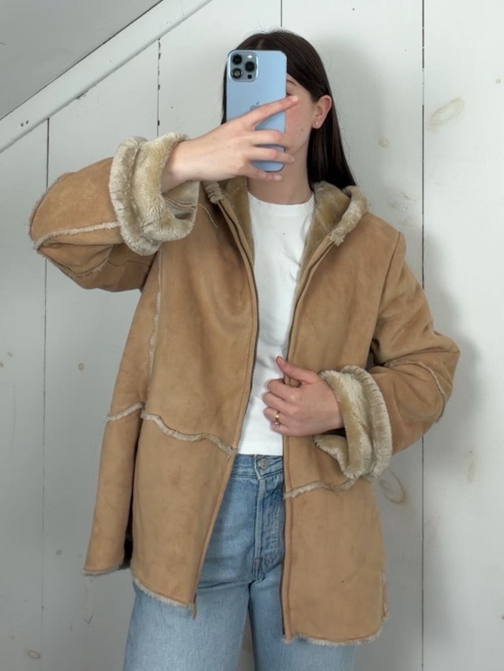 Jones New York Tan Faux Suede Fur Lined Hooded Zip Jacket Women’s Size Large Y2K